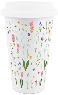 Spring Flowers Ceramic Travel Mug - Bright Wildflower Meadow Reusable Silicone Lid Double-Walled Insulated Hot/Cold Drinks Tea Coffee Gift Mug