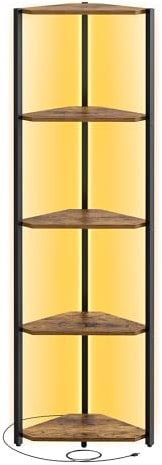 VASAGLE Eckregal mit 5 Ebenen, Bücherregal mit Einstellbarer LED-Beleuchtung, Regal mit Stahlrahmen, 24,8 x 48 x 146,6 cm, für Wohnzimmer, Schlafzimmer, Arbeitszimmer, vintagebraun LBC590K02