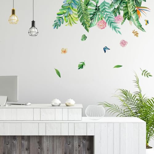 astylishome Girls Wall Stickers for Bedrooms Tropical Leaves Flower Decals Butterfly Floral Plants Sticker Wallpaper for Bedroom Living Room Office Walls Decor 1119