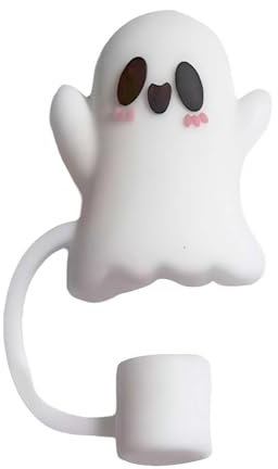 HFLWYWD Halloween Straw Cover Cap for Stanley Cup, Silicone Skull Ghost Straw Topper for 10mm/0.4in Dia Straw,Dust-Proof Reusable Straw Tips Lids for 30&40oz Tumbler with Handle (White)