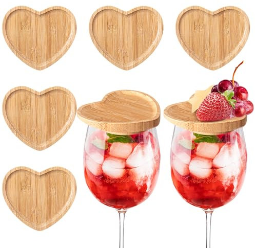 Mumufy 8 Pcs 4 Inch Natural Bamboo Wine Glass Charcuterie Board Topper Heart Shaped Dual Use Wine Glass Topper Appetizer Plates for Family Gathering, Restaurant, Bar