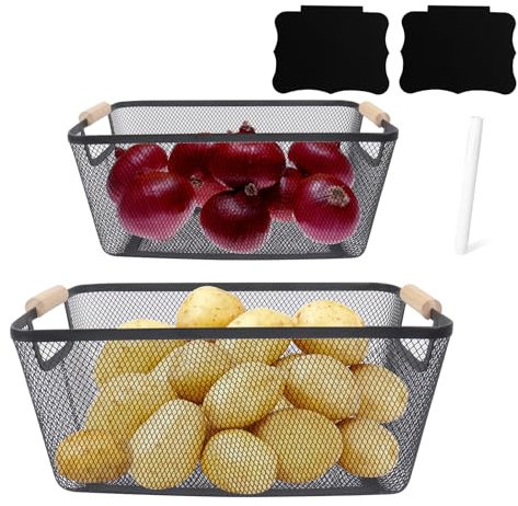 Xbopetda 2 Set Vegetable Storage Rack, Potato Onion Storage Bins, Kitchen Counter Basket with Wooden Handles, Metal Mesh Baskets for Vegetable, Fruit, Produce - Black