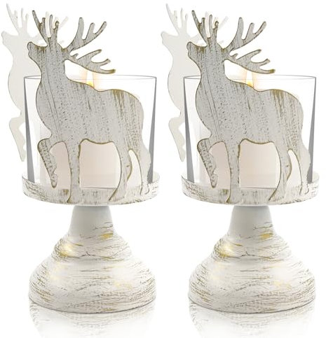 2 pcs Hirsch Kerzenständer aus Metall Weihnachten Dekoration, Kerzenhalter Weihnachtsdeko, Windlicht Glas, Hurricane Kerzenleuchter Dekoration für Weihnachten Tischdeko Mantel Kamin