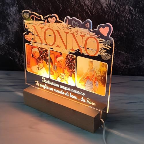 PV Grafik Regalo Festa dei Nonni Targa con Foto Festa dei Nonni, Regalo Festa dei Nonni Personalizzato, targa in plexiglass idea regalo con foto. Incluso scatola e lettera auguri (Base Led Nonno)