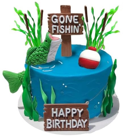 Go Fishing Theme Cake Decoration Fishing Cake Topper Gone Fishing Cake with Bass Reed Happy Birthday Sign Fish Float Seaweed Fisherman Theme Party Boys Birthday Party Cross Border