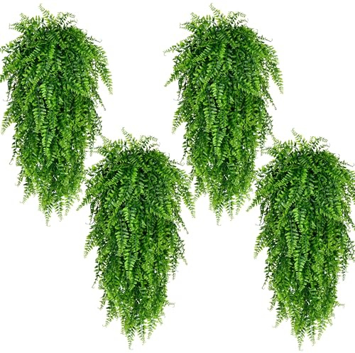 Waipfaru 4Pcs Fake Hanging Plants Artificial Ferns for Outdoors,Fake Ferns UV Resistant Plastic Fake Plants for Indoor Wall Porch Wedding Party Holiday Decor
