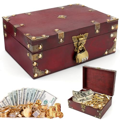 Carseatty Schatztruhe 24 X 17 X 9.5cm Vintage Schatzkiste Holz, Schatztruhe mit Zahlenschloss, Schatztruhe Kindergeburtstag, Schatztruhe Groß für Aufbewahren, Dekorieren, Geschenk (Rouge vintage)