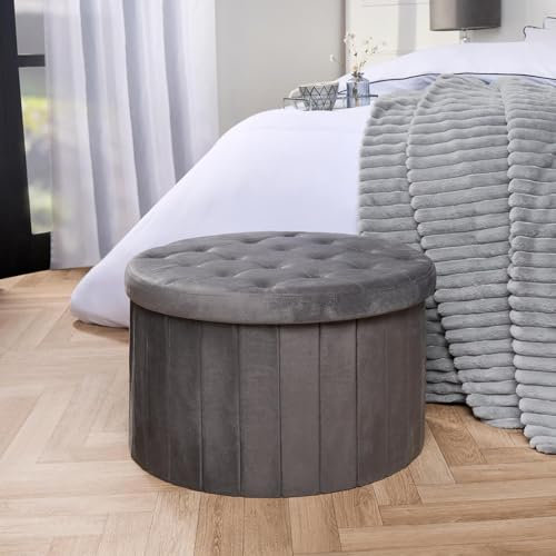 OHS Extra Large Round Ottoman Storage Box, Matte Velvet Stylish Storage Ottoman Footrest with Hidden Storage For Living Room Bedroom or Entryway, Charcoal