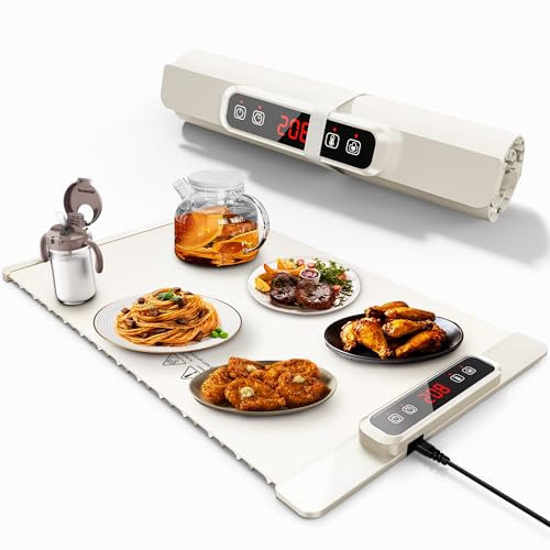 Warmhalteplatte für Speisen,Tragbar & Faltbar mit Einstellbarer Temperaturkontrolle, Nano-Silikonmaterial, Ganzflächige Erwärmung für Warmhalten & Auftauen (Beige)