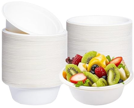 Kozdtiz Einweg Suppenschalen, 50 Stück Einwegschüsseln aus Zuckerrohr, 500 ml Biologisch Abbaubar und Kompostierbar für Party Haushalt Picknick Weiß