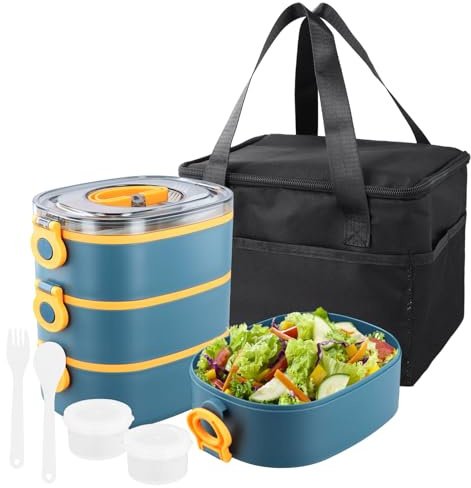 3 en 1 Fiambreras Comida Trabajo, 2800ml Bento Box con Bolsa Térmica Cubiertos, Lunch Box Niños Adultos, Tupper Compartimentos Sin BPA, Tapers Comida Hermetico, Lonchera Microondas Escuela (Azul)