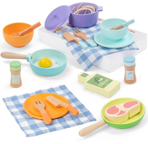 FMSKS Jouet Dinette en Bois,Accessoire Cuisine Enfant, Kit de Cuisine Enfant Montessori, Bois Pots Casseroles Jouet, Jeu de Rôle pour Filles Garçons 3 4 5 6 Ans Cadeau Anniversaire Noël