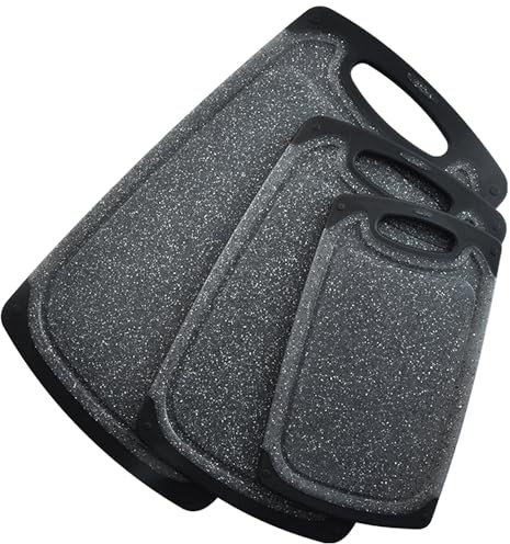 KIMIUP Chopping Board Set, 3 Chopping Boards with Non-Slip Feet, Juice Grooves, BPA Free, Easy Grip Handle, Dishwasher Safe Kitchen Accessories Cutting Board (Dark Grey)