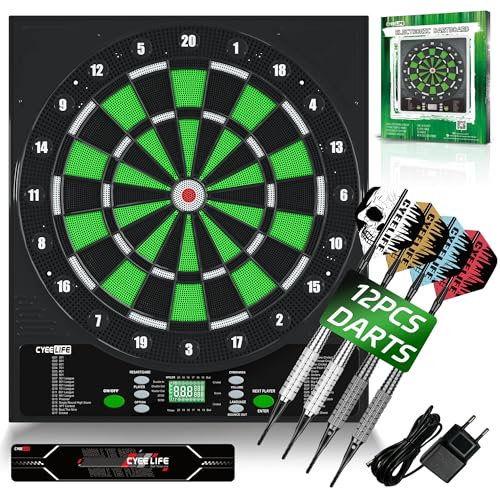CyeeLife Dianas electrónicas, Dartboard de Profesional Set con 12 Flechas de Dardos 1 Dart Oche Line + 24 Vuelos Pro 50 Puntas de Flechas + Accesorios Dardo para 1 a 8 Jugadores