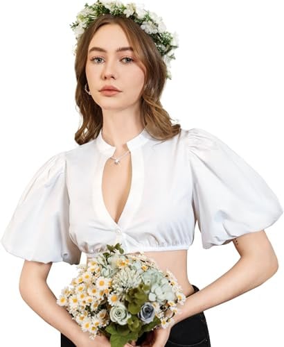 DIRNDLSTERN Blusa Dirndl Donna Bianco - Camicetta Tradizionale con Maniche a Sbuffo Stile Moderno per Oktoberfest