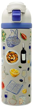 Mayim Capsule – 24oz Vacuum Insulated Water Bottle with Locking Lid & Carry Handle | Stainless Steel Travel Tumbler for Iced Coffee & Water | BPA-Free, Leakproof (Light Grey- Mediterranean Table)