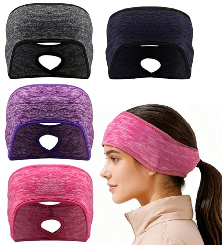 EDLMKM 4 PCS Winter Sports Headbands with Ponytail Hole, Winter Headband Ear Warmer, Warm Sports Headbands, Winter Headbands for Women Ladies Girls, for Outdoor Sports, Running, Hiking, Cycling