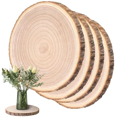 Holzscheiben 4 Stück, 20–23 cm und Eine Dicke von 15 mm, Baumscheibe Holzscheiben Rund für DIY Basteln, Hochzeit und Weihnachten Deko