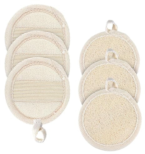 Amabro Loofah Sponge Face Pads Scrubber, 6PCS Exfoliating Cleansing Sponge | Cleansing Sponge Scrub Pad Makeup Remover Brush with Lanyard for Manual Bath Shower Glove Pad Body Scrubber