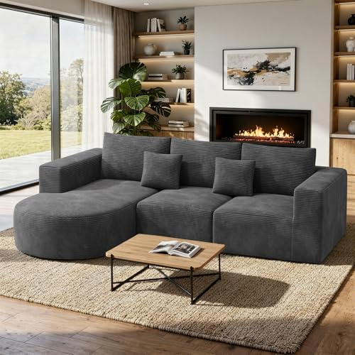 Hawthyhome L Form Ecksofa mit Schlaffunktion 264cm Links-Chaise Grau | Boneless Couch,Sofa,Ecksofa mit Liegesessel,Keine Montage,Wohnzimmer,Schlafzimmer