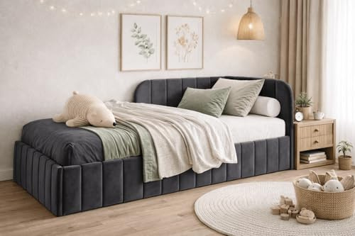 MOEBELPAKET.de Bett Mario 90x200 cm, Polsterbett mit Metallrahmen, Jugendbett mit Bettkasten und Oeko-Tex, Eleganter Jasmine-Stoff, Graphit, Rechts