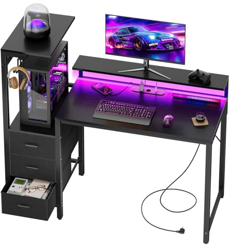 SOLAVERO Escritorio Gaming con LED y Enchufe Integrado, 112cm Mesa Gaming Reversible con Estanteria & Cajones de Tela, Mesa Ordenador con Soporte para Monitor y Gancho para Auriculares, Negro