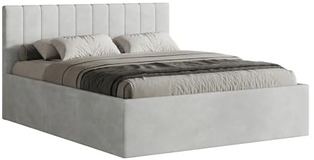 Meblofun Polsterbett RETTAN mit Kopfteil, 180x200 cm, Doppelbett mit Bettkasten und Lattenrost aus Holz, Velourstoff, Farbe: Hellgrau