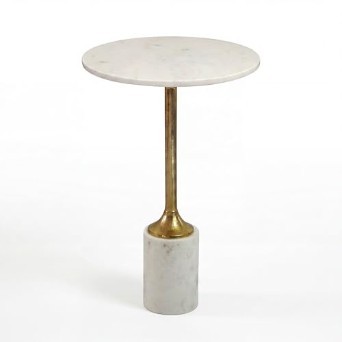 FineBuy Beistelltisch Rund 37x37x56 cm Metall, Marmorplatte Weiß | Anstelltisch mit schlanker goldfarbener Säule, Sofatisch mit Natursteinplatte, handgefertigtes Unikat