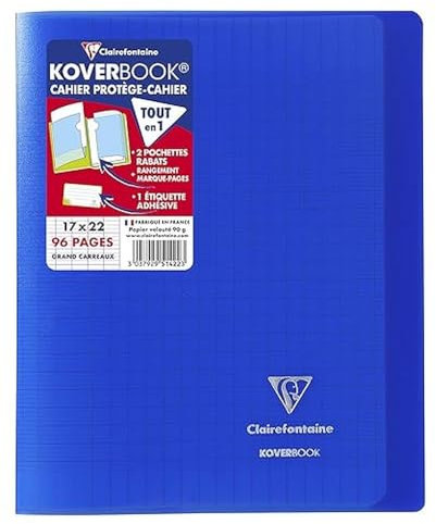 Clairefontaine 951422C - Schulheft / Kladde Koverbook 17x22 cm, 48 Blatt 90g, französische Lineatur, Einband aus transparentem Polypropylen, 2 Klarsichthüllen, robust, geheftet, Marineblau, 1 Stück