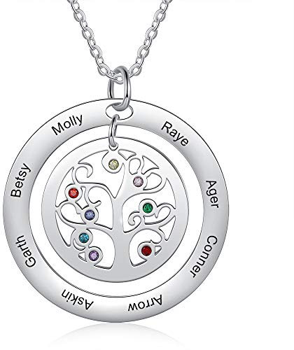 Collier Personnalisé Arbre de Vie Femmes Pendentif avec Prenom Gravé Collier avec 2-9 Pierre de Naissance Mère Fille Collier Famille Bijoux pour Anniversaire de la Fête des Mères (8 stones & 8 names)
