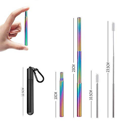 APIKA Pailles télescopiques réutilisables - Pailles à Boire Portables en Acier Inoxydable avec Brosse de Nettoyage, étui et Mousqueton(Noir+Paille Arc-en-Ciel)
