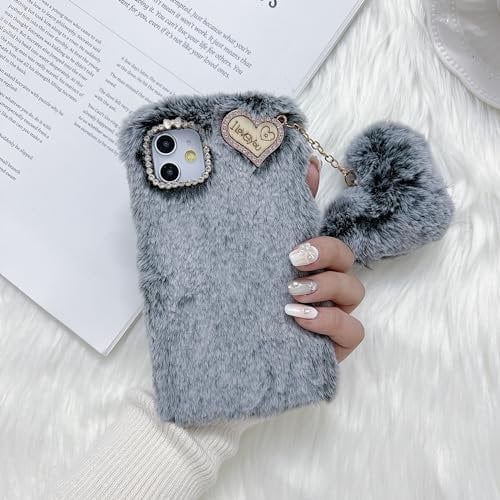 ZTUOK Compatible with iPhone X/Xs for Girls,Luxury Diamond Winter Warm Handmade Soft Fur Fluffy Plush Furry Shockproof Protective Phone Case Cover for iPhone X/Xs-Dark Gray