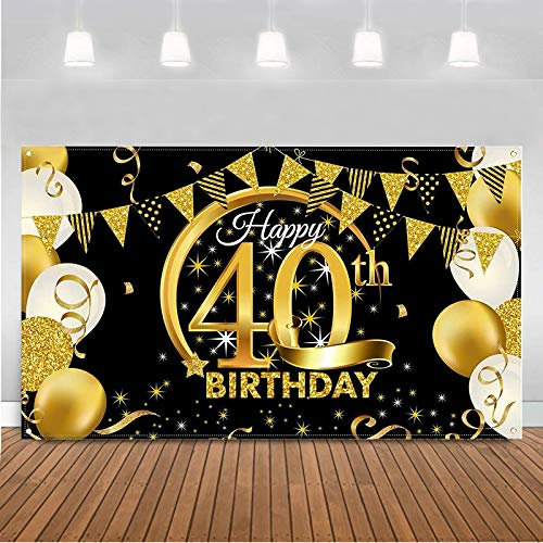 40. Geburtstag Dekoration Schwarz Gold, Extra Große Stoff Schild Poster zum 40. Jahrestag Foto Stand Hintergrund Banner, 40 Jahre Geburtstag Party Lieferung für Frau Mann
