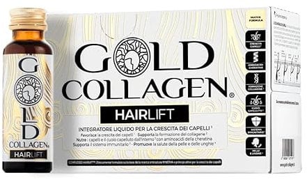 GOLD COLLAGEN Hairlift - Integratore Capelli Liquido al Collagene Marino con Acido Ialuronico, Biotina Capelli, Cheratina, Zinco, Vitamina C e B6, Fortifica Capelli Pelle Unghie - 10 Flaconi da 50 ml