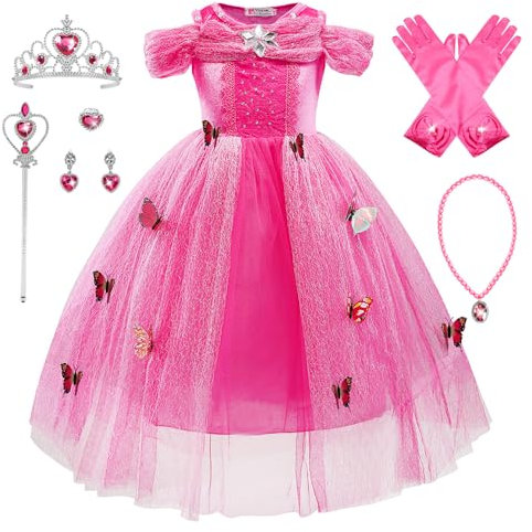 Monissy Princesse Elsa Robe Costume Reine des Neiges Rose Dentelle Manche Longue Tulle Brillant Papillon Diadème Perruque Gant Baguette Déguisement Halloween Anniversaire,Rose,120