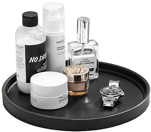 Luxspire Rund Tablett deko, 27cm Harz Kosmetiktablett Dekoschalen Schminktisch Make up Tablett Dekoteller Schmuck Organizer Servierbrett Schale für Kosmetik Schmuck Bad Wohnzimmer Deko, Matte Schwarz