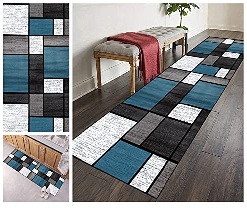 ZVEZVI Teppich Läufer Flur Küche rutschfest Waschbar Grau und Blau 90X200CM Vintage Meterware, Teppichläufer Kücheläufer Polyester Anpassbar