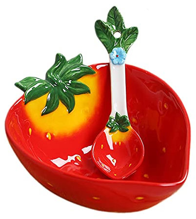 Sizikato Ensemble bol et cuillère en porcelaine 15 cm Bol à goûter et bol à dessert en forme de fraise