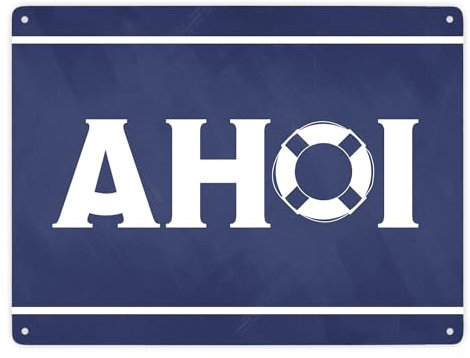 Metallschild XXL in 28x38 cm Ahoi - mit Maritim Rettungsring Motiv als Geschenk für Seeleute und Meeresliebhaber die an der Nordsee zuhause sind Heimat auf dem Boot