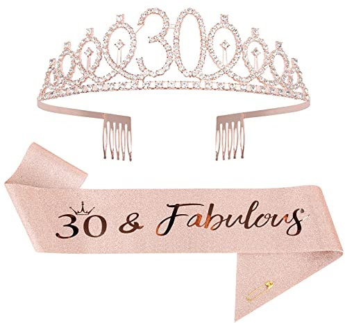 Mikccer Rose Gold 30th Birthday Sash and 30 Birthday Tiara, Rhinestone Crown Headband for 30th Birthday Gifts, 30th Birthday Decoration Party Accessories for Women