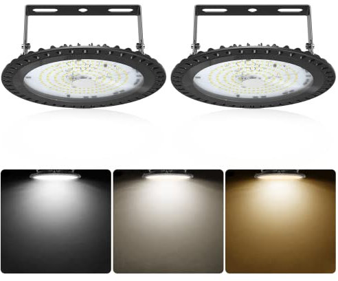 Kartols 2 Stück LED Hallen Strahler 3 Farbtemperatur 100W UFO Industrielampe Superhell Werkstattlampe 11000LM IP65 für Hallenbeleuchtung im Innen- und Außenbereich LED High Bay Lampe (B)