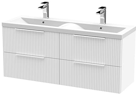 Hudson Reed DFF193F Fluted Modern Bathroom Wall Hung 4 Drawer Double Vanity Basin Unit with Twin Ceramic Basin, 1200mm, Satin White
