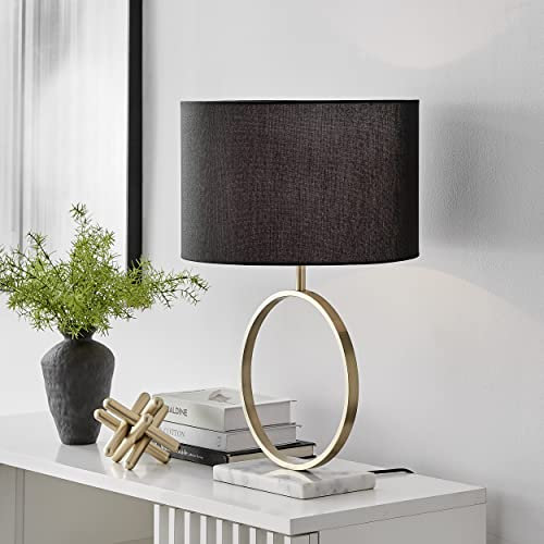 Furniturebox UK Lighting - Saffron Marble, Gold Metal & Black Shade (Including Bulb) - Modern Table Lamp - White Marble Base Gold Metal 'Halo' Stand - Black Fabric Lampshade - Structural & Glam.