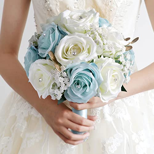 ISAKEN Brautstrauss Brautstrauß Handgefertigte Koreanischen Stil Weiß Blau Gefälschte Rose Braut Bouquet Blume Brautstrauss Blumenstrauß Hochzeit Künstlich Blume für Haus Garten Party
