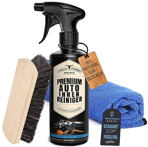 URBAN Forest® Premium Auto Innenreiniger Set 500ml + Hochwertiges Mikrofasertuch + Polsterbürste | Profi Auto Innenraumpflege & Innenraum Reiniger, Kunststoff, Polster & Leder