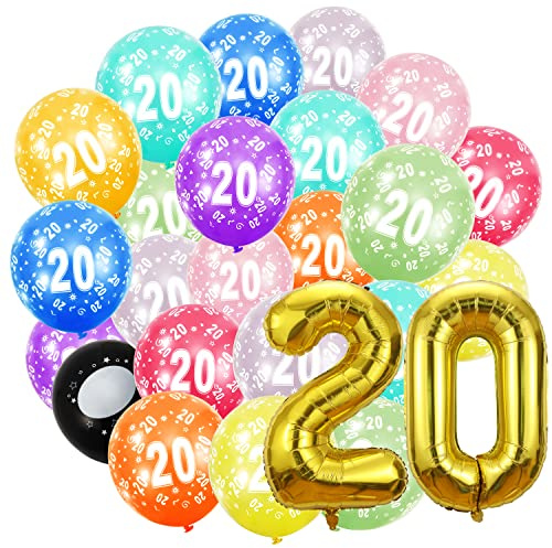 Luftballons zum 20. Geburtstag – Gold Zahl 20, 30,5 cm mehrfarbige Latex-Ballons für Frauen & Männer, Geburtstagsdekorationen