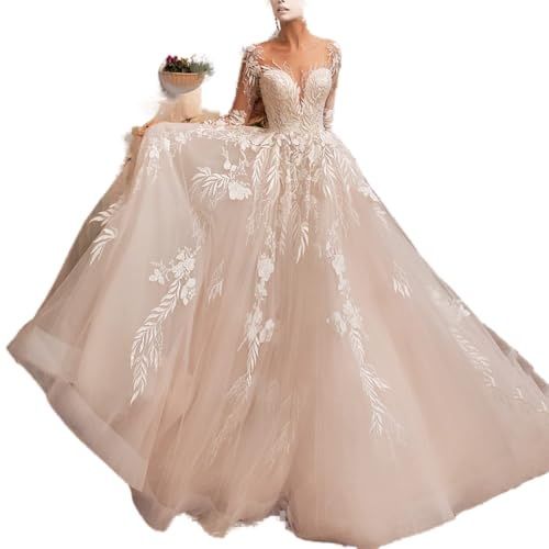 Hochzeitskleider für Elfenbein Lange Plus Größe Eine Linie Langarmes Spitzen Tüll Applikation Sexy v Hals U-Back-Brautkleid ESBANT Plus 56