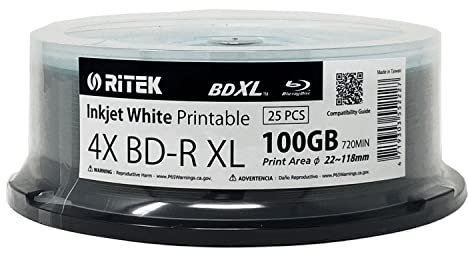 Ritek BD-R XL BDXL BDXL 100 GB Archivqualität, dreilagig, 4 x weiße Inkjet-Hub, bedruckbar, blanko, beschreibbare Discs in Spindel, 25 Stück
