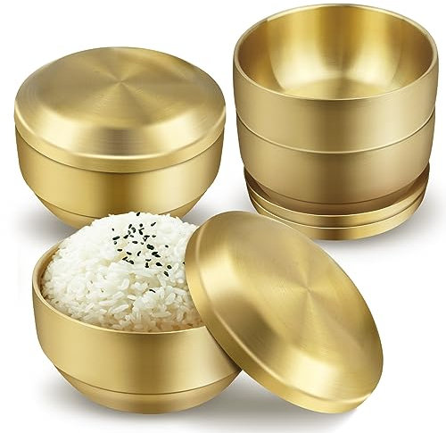 4Pcs Stainless Steel Rice Bowl with Lid 4.7In, 13 oz Double-Walled Insulated Metal Snack Bowls, Small Metal Serving Bowls, Appetizer Bowls Gold for Sauces, Noodles, Ice Cream, Oat, Cereal (4)