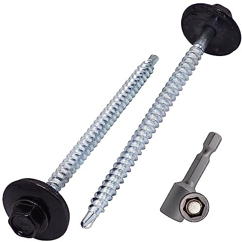 SKIR'CO (50 Stück) lackierte Dachschrauben 4,8 x 80 mm, Sechskantkopf, selbstbohrende Schrauben mit EPDM-Unterlegscheiben (Tiefschwarz, RAL 9005)
